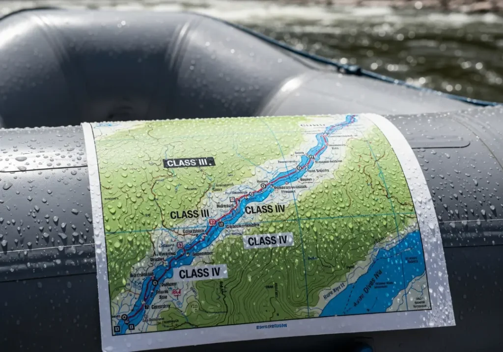 A close-up of a waterproof river map showing river difficulty ratings, resting on the side of a raft.