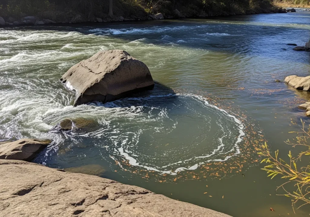 A detailed view of a river eddy forming behind a large boulder, showing the turbulent eddy line and the calm, upstream-flowing water.