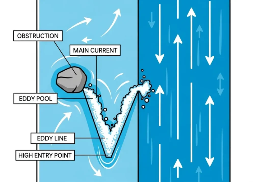 An infographic diagram showing the anatomy of a river eddy from a top-down perspective. A large rock obstructs the main current, creating an eddy pool behind it where the water flows upstream. The turbulent eddy line is depicted as a wedge of chaotic water separating the two currents, narrowest at the "High Entry Point" near the rock.
