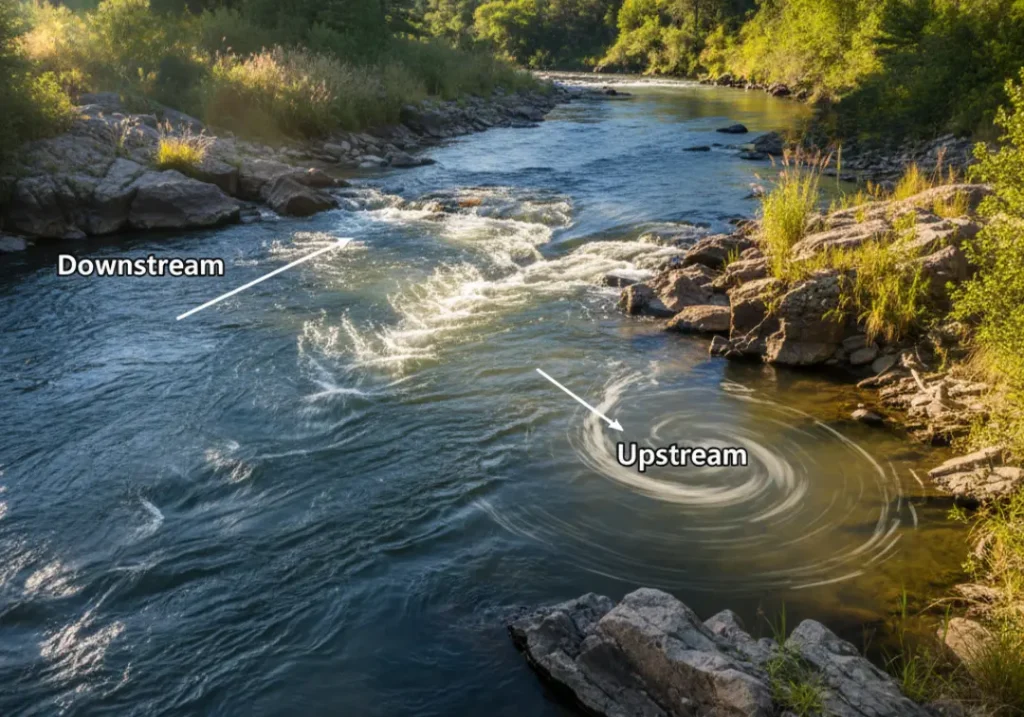 A clear view of a river bend showing the main downstream current, a calm eddy, and the distinct river right and river left banks.