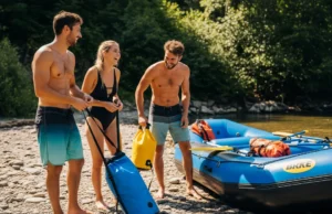 Mastering River Etiquette: A Code for Whitewater A full-body shot of two men and a woman in swimwear, laughing on a sunny riverbank as they prepare their raft for a whitewater trip.