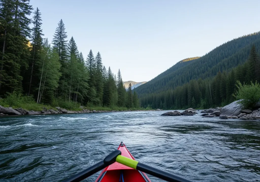 A view from a raft looking down a river rapid, clearly showing a smooth Downstream V channel between rocks.