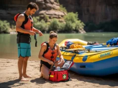 The Definitive River First Aid Kit System & Checklist A fit couple in their late 20s on a sunny riverbank, organizing a river first aid kit next to their inflatable raft before a trip.
