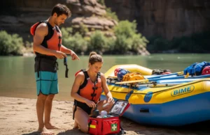 The Definitive River First Aid Kit System & Checklist A fit couple in their late 20s on a sunny riverbank, organizing a river first aid kit next to their inflatable raft before a trip.