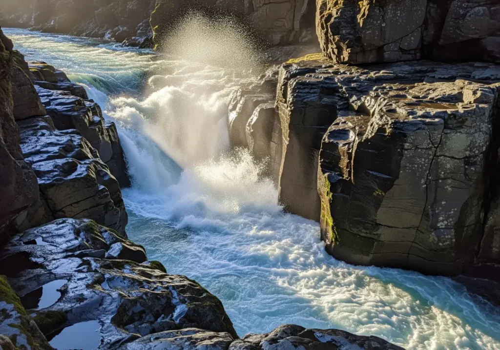 A close-up view of a powerful river rapid where the water is constricted by narrow canyon walls, demonstrating the forces of flow.