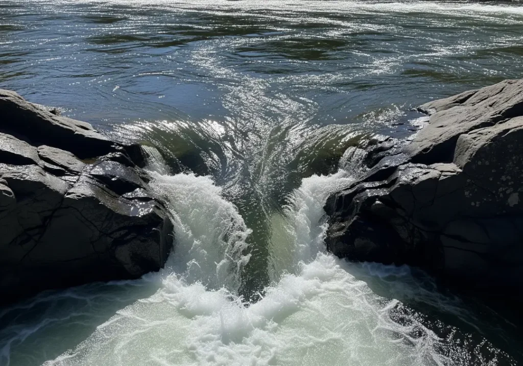 A detailed smartphone photo of a river's current accelerating as it funnels between two large rocks, showing the fundamental forces of flowing water.