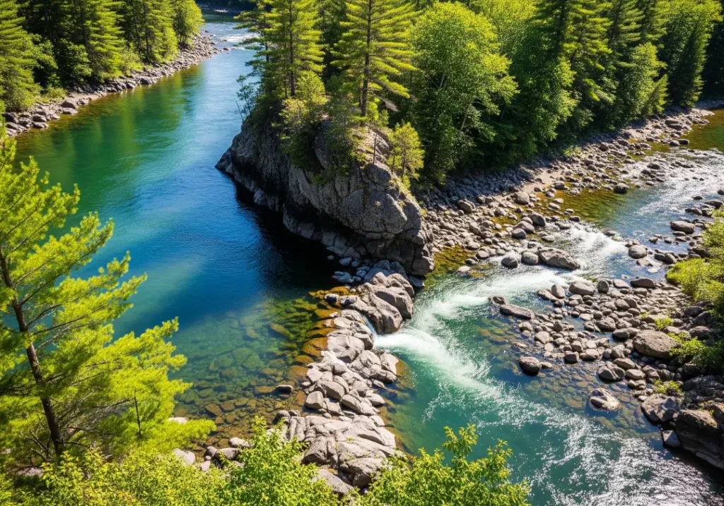 A high-angle view of a river forking into two separate channels, one clear and one rocky, symbolizing a choice between two different paths.