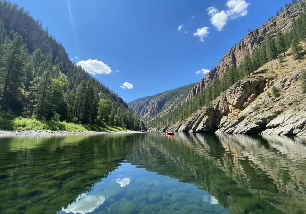 A scenic view of a pristine river canyon with a single raft floating in the distance, taken on a sunny day.