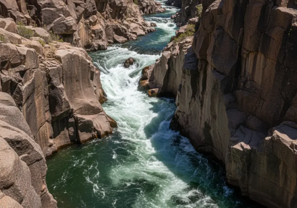 A powerful river flowing through a narrow, steep canyon, illustrating the scientific forces of gradient and constriction.