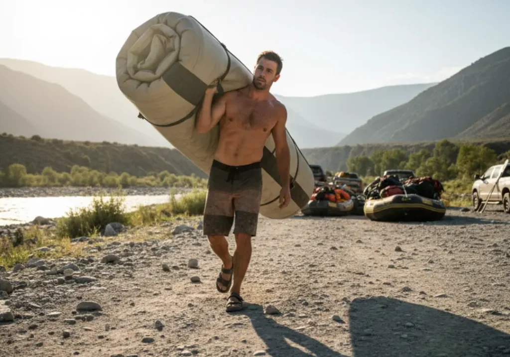 A full-body photo of a fit river guide carrying a heavy rolled-up raft on his shoulder up a hill, showing the hard work involved in the profession.