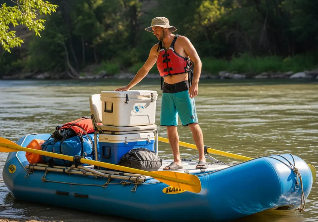 Full-body shot of a male river guide in a PFD and boardshorts standing on his raft and checking his cooler before a trip.