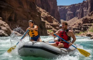 The River Communication Code: Rafting Slang Explained A male river guide yells a command to a female rafter in a one-piece swimsuit as they paddle through a rapid in a full-body, wide-angle shot