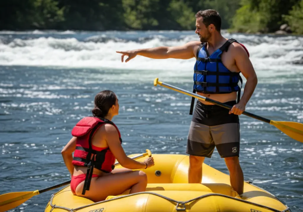 A full-body shot of a male river guide pointing downriver, explaining how to navigate a rapid to a female participant in a raft.