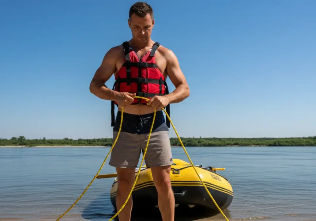 A full-body shot of a male river guide on a riverbank, expertly coiling a rescue throw rope, demonstrating a critical safety skill.