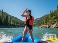 Universal River Hand Signals: A Rafter’s Visual Guide A full-body shot of a female rafter in a one-piece swimsuit, PFD, and helmet, demonstrating the 'OK' hand signal on a sunny river.