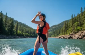 Universal River Hand Signals: A Rafter’s Visual Guide A full-body shot of a female rafter in a one-piece swimsuit, PFD, and helmet, demonstrating the 'OK' hand signal on a sunny river.