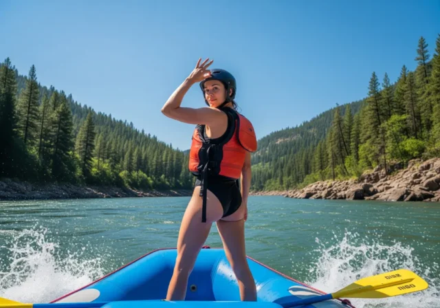 river-hand-signals-guide-ok-signal A full-body shot of a female rafter in a one-piece swimsuit, PFD, and helmet, demonstrating the 'OK' hand signal on a sunny river.