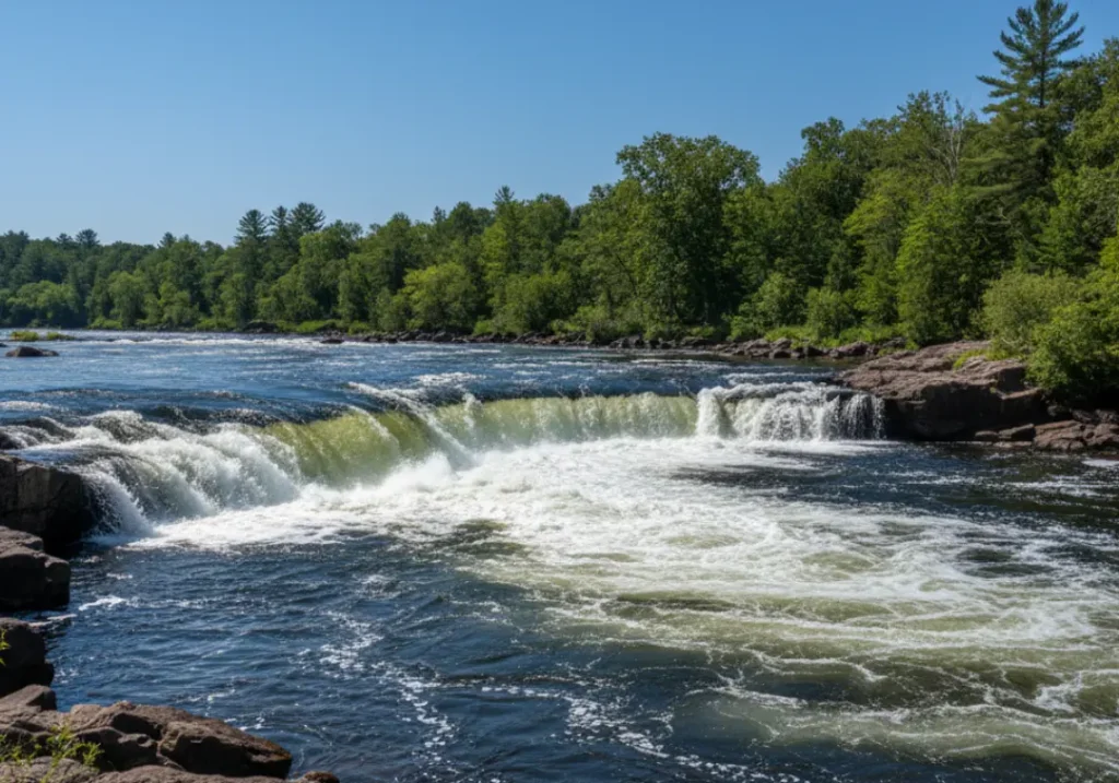 A powerful and dangerous hydraulic hole in a river, with water churning and recirculating violently.