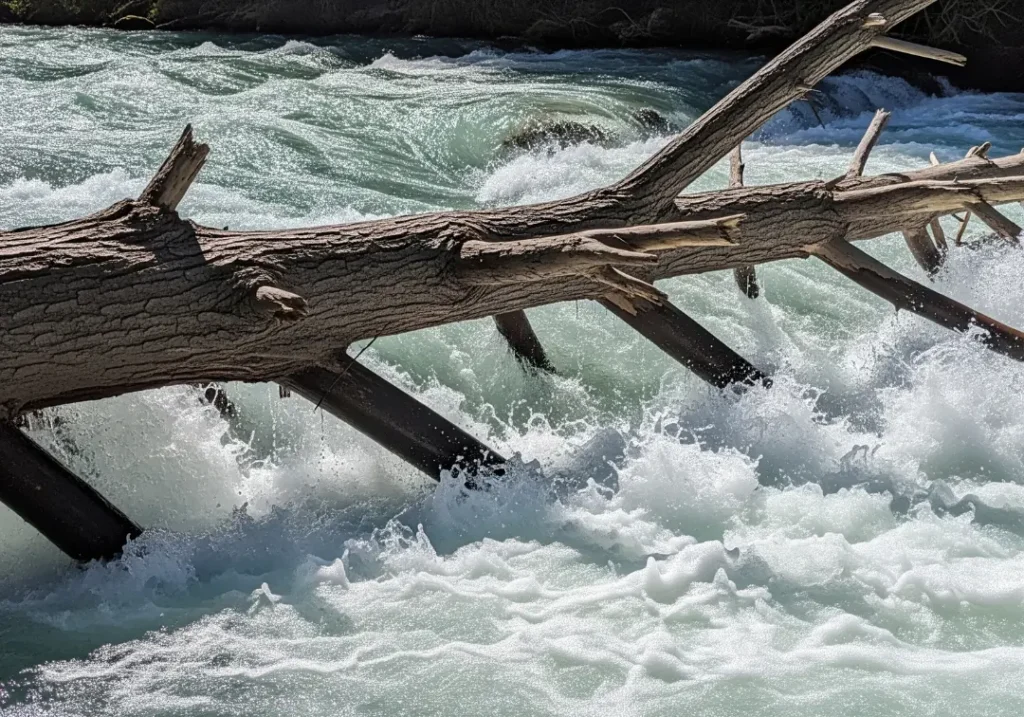 A dangerous river hazard known as a strainer, where a fallen tree blocks the current and water rushes violently through its branches.
