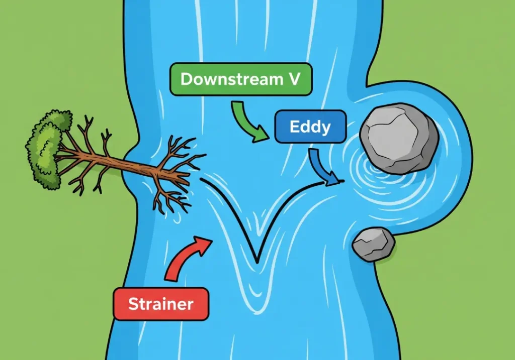 An overhead cartoon diagram of a river rapid illustrating safety features for a swimmer. The diagram clearly labels a 'Downstream V' as a safe path, an 'Eddy' as a safe resting spot behind a rock, and a 'Strainer' as a dangerous fallen tree hazard.