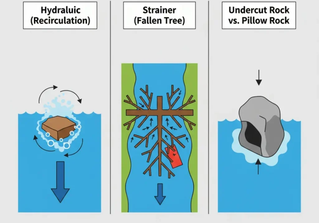 An infographic diagram illustrating three dangerous river hazards: a hydraulic showing recirculating current, a strainer showing a fallen tree in the water, and a comparison between a dangerous undercut rock and a safe pillow rock.