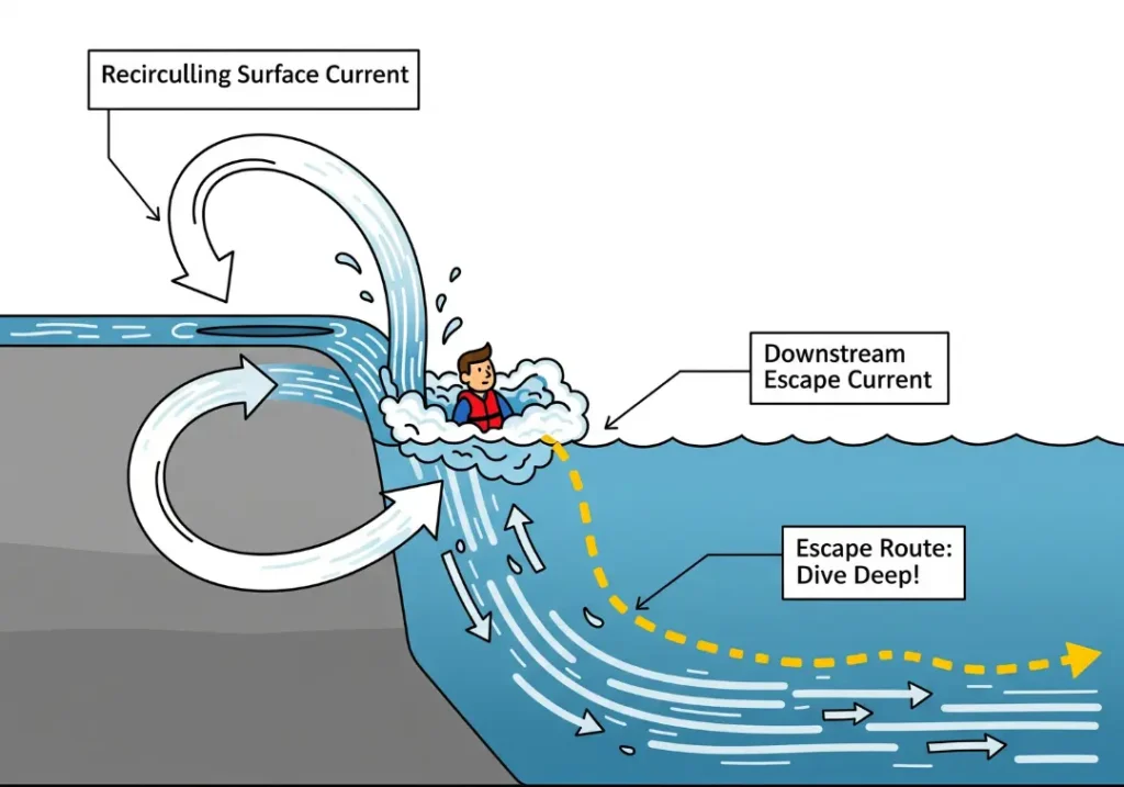 A cross-section diagram explaining how to escape a river hydraulic. It shows the dangerous recirculating surface current and the safe downstream escape current below, with an arrow illustrating the 'dive deep' escape route.