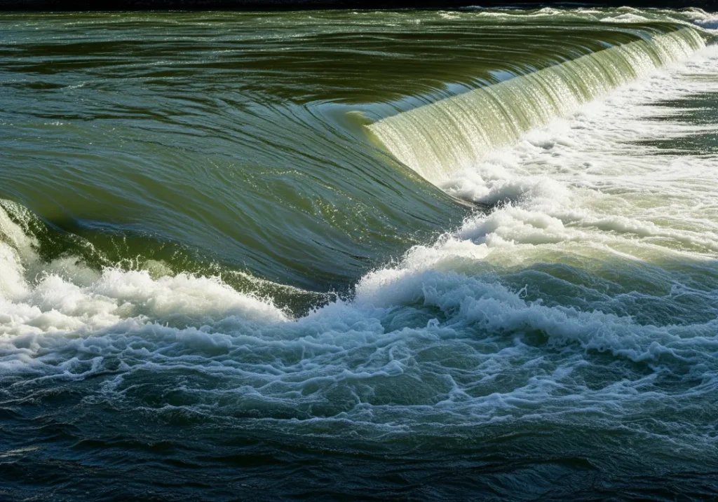 A detailed photo of a river hydraulic, showing the wave, trough, and boil line created by water flowing over an obstacle.