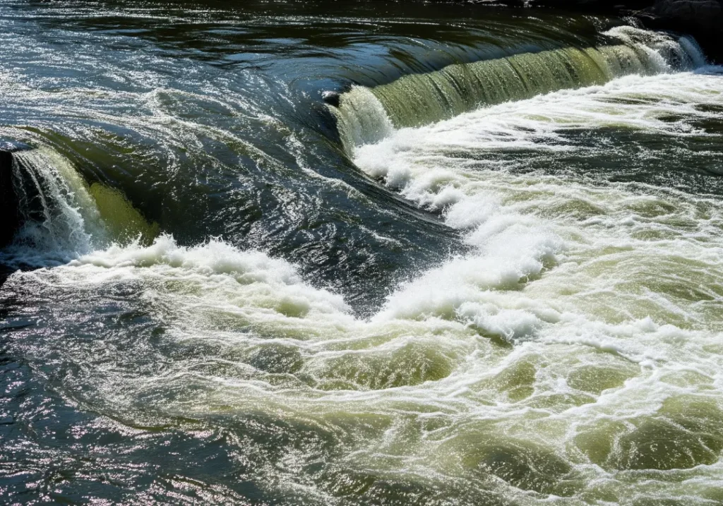 A close-up view of a powerful, dangerous hydraulic in a river, showing the recirculating water and intense turbulence