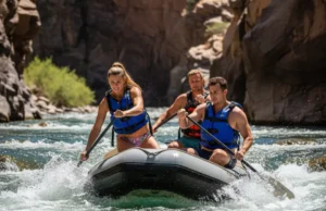 River Hydraulics: How Flow & Features Affect Your Line A full-body shot of a young man and woman in a raft, actively paddling through whitewater on a sunny day.