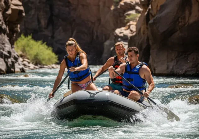river-hydraulics-rafters-navigating-line A full-body shot of a young man and woman in a raft, actively paddling through whitewater on a sunny day.