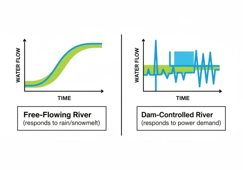 An infographic comparing two river hydrographs. The left graph, labeled 'Free-Flowing River,' shows a smooth, natural curve representing response to weather. The right graph, labeled 'Dam-Controlled River,' shows an unnatural, blocky and jagged pattern representing scheduled dam releases.