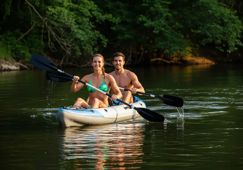 A full-body shot of a happy couple in swimwear paddling an inflatable kayak down a scenic river on a sunny afternoon.