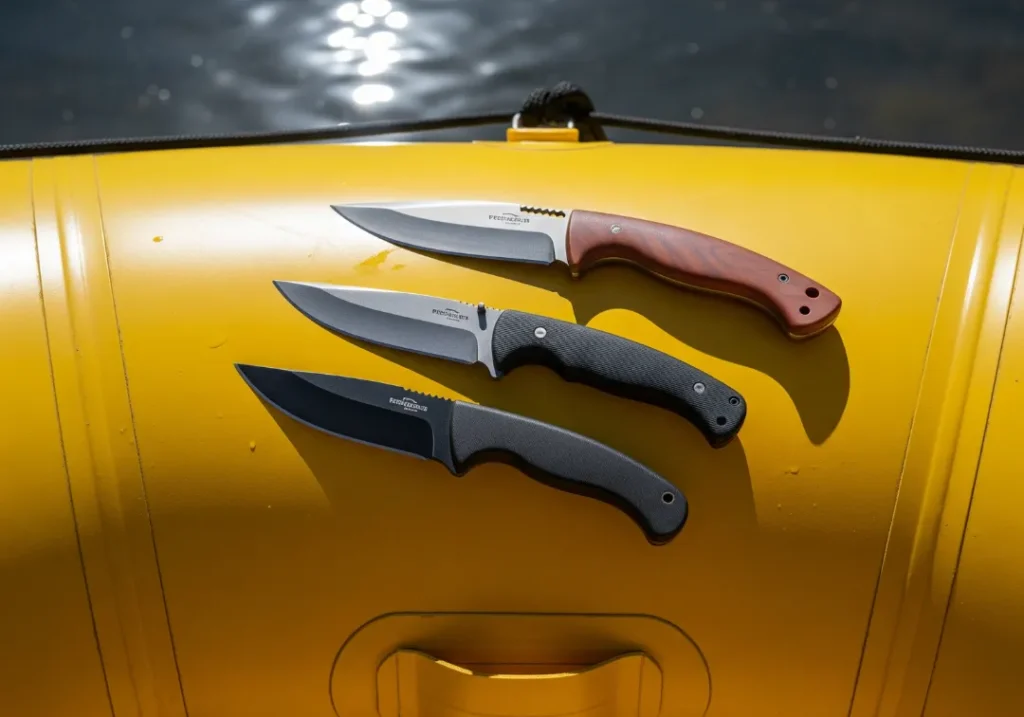 Three different types of river knives with various blade styles laid out on the side of a whitewater raft for comparison.