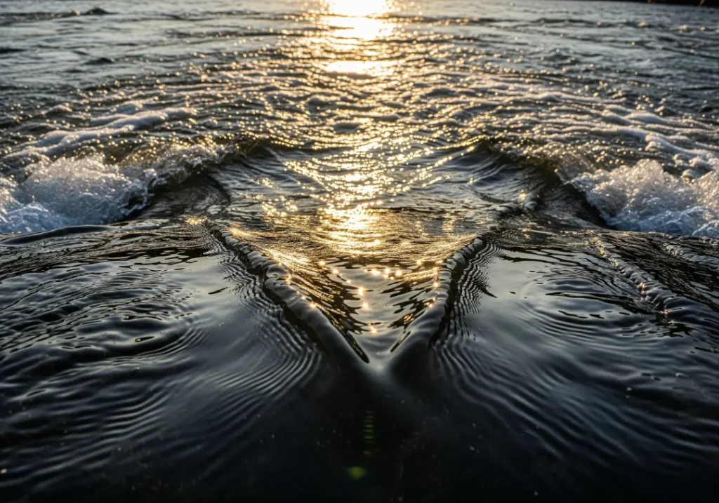 A close-up view of a whitewater rapid showing a clear Downstream V, the primary navigational cue for rafters.