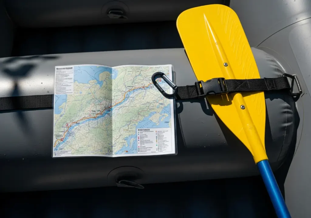 A close-up shot on a raft showing a waterproof river map and a securely stowed spare paddle, symbolizing preparedness.