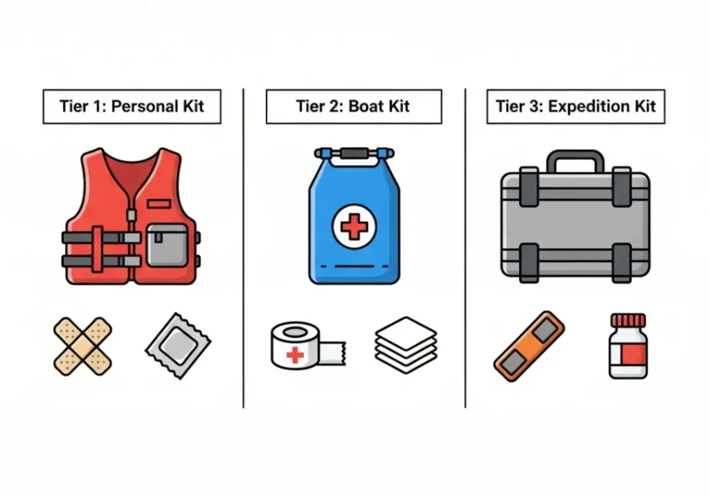 An infographic explaining the three-tier system for a river medical kit. Three columns show the "Personal Kit" with a life vest icon, the "Boat Kit" with a dry bag icon, and the "Expedition Kit" with a hard case icon, each with examples of their contents