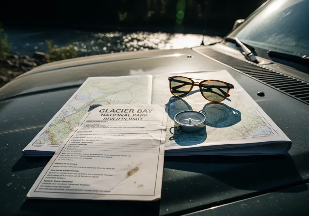 A close-up of a National Park river permit, a map, and a compass lying on the hood of a truck, symbolizing the bureaucratic process for a wilderness trip.