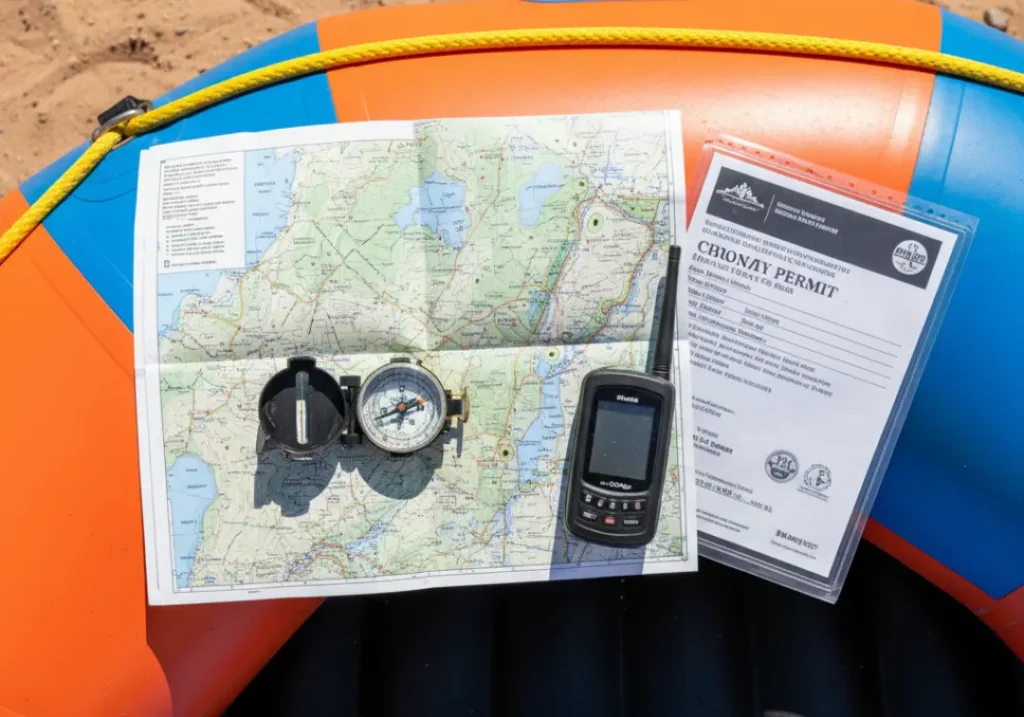 A close-up of a river map, compass, satellite device, and a permit laid out on the side of a raft, symbolizing trip planning.