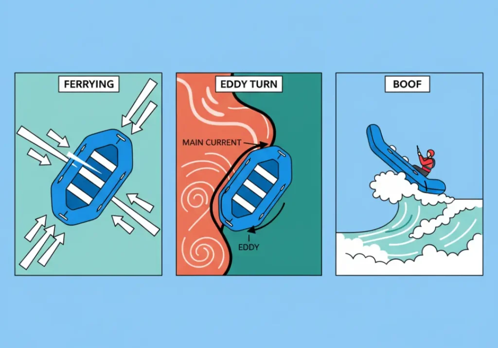 An infographic diagram in three panels illustrating key river rafting techniques: Ferrying across a current, performing an Eddy Turn into calm water, and Boofing over a hydraulic wave.