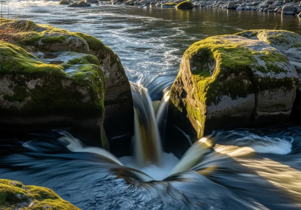 A view of a river channel narrowing between two large boulders, causing the water to accelerate and form the beginnings of a rapid.