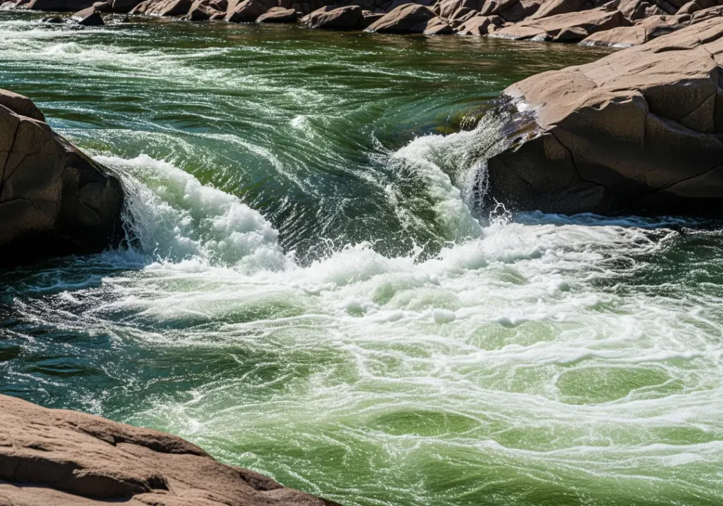 A medium shot of a powerful river rapid, showing the turbulent water and a clear 'Downstream V' tongue of current flowing between two large rocks.