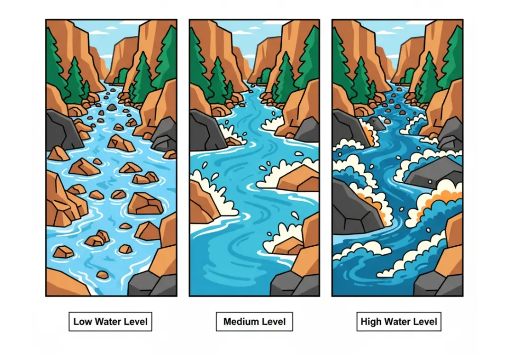 An infographic with three panels showing the same river rapid at different water levels. The first panel shows 'Low Water' with many exposed rocks. The second shows 'Medium Water' with fun waves. The third shows 'High Water' with powerful, churning rapids.