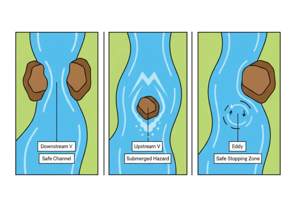 An infographic explaining three key river features. The first panel shows a 'Downstream V' as a safe channel. The second shows an 'Upstream V' as a submerged hazard. The third shows an 'Eddy' as a safe stopping zone.
