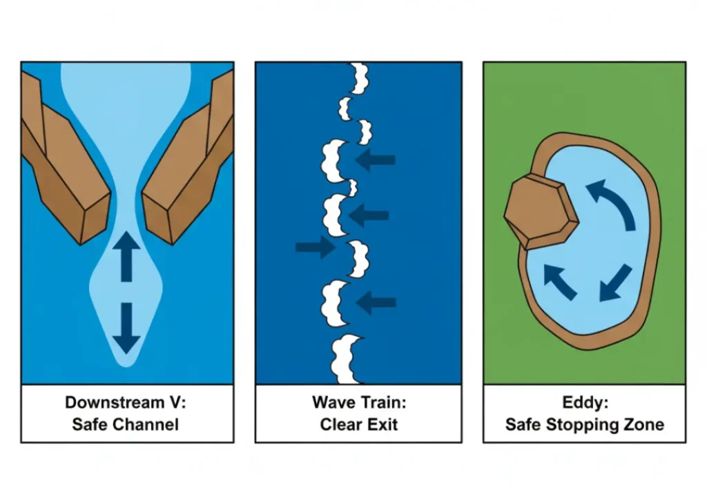 An infographic explaining three safe river signals. The first panel shows a 'Downstream V' as a safe channel. The second shows a 'Wave Train' indicating a clear exit. The third shows an 'Eddy' as a safe stopping zone.