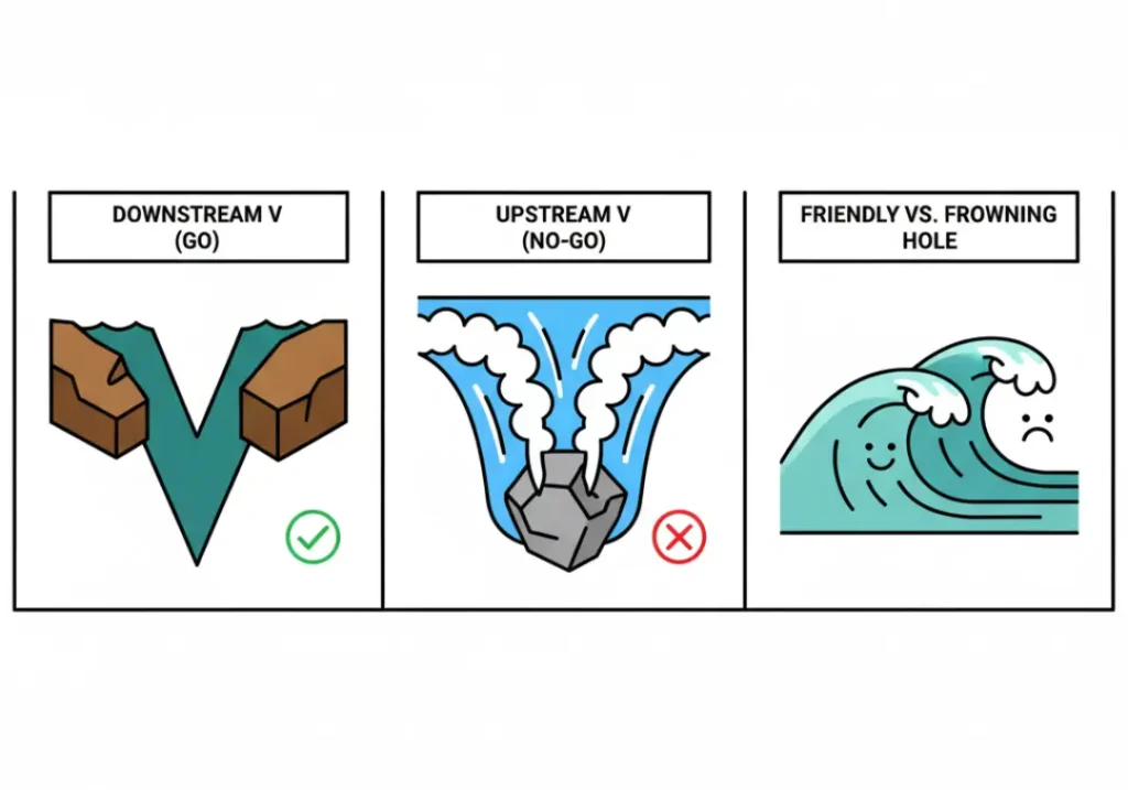 An infographic diagram comparing 'go' and 'no-go' river signals, showing a safe Downstream V, a hazardous Upstream V, and the difference between a friendly smiling hydraulic and a dangerous frowning one.