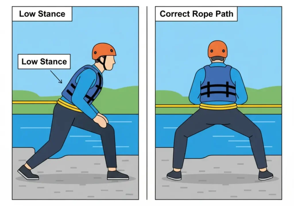 A 2-panel infographic diagram explaining the river rescue body belay technique. The left panel shows a side view of a rescuer with a low stance and the rope around their hips. The right panel shows a rear view, emphasizing the correct rope path for safety.