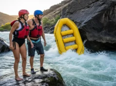 River Rescue Decisions: When to Make the Call (A Matrix) A man and woman in rafting gear stand on a rock and look worriedly at their raft, which is stuck on a boulder in the middle of a river.