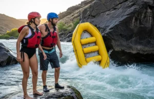 River Rescue Decisions: When to Make the Call (A Matrix) A man and woman in rafting gear stand on a rock and look worriedly at their raft, which is stuck on a boulder in the middle of a river.