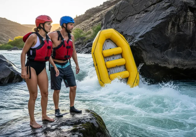 river-rescue-decision A man and woman in rafting gear stand on a rock and look worriedly at their raft, which is stuck on a boulder in the middle of a river.
