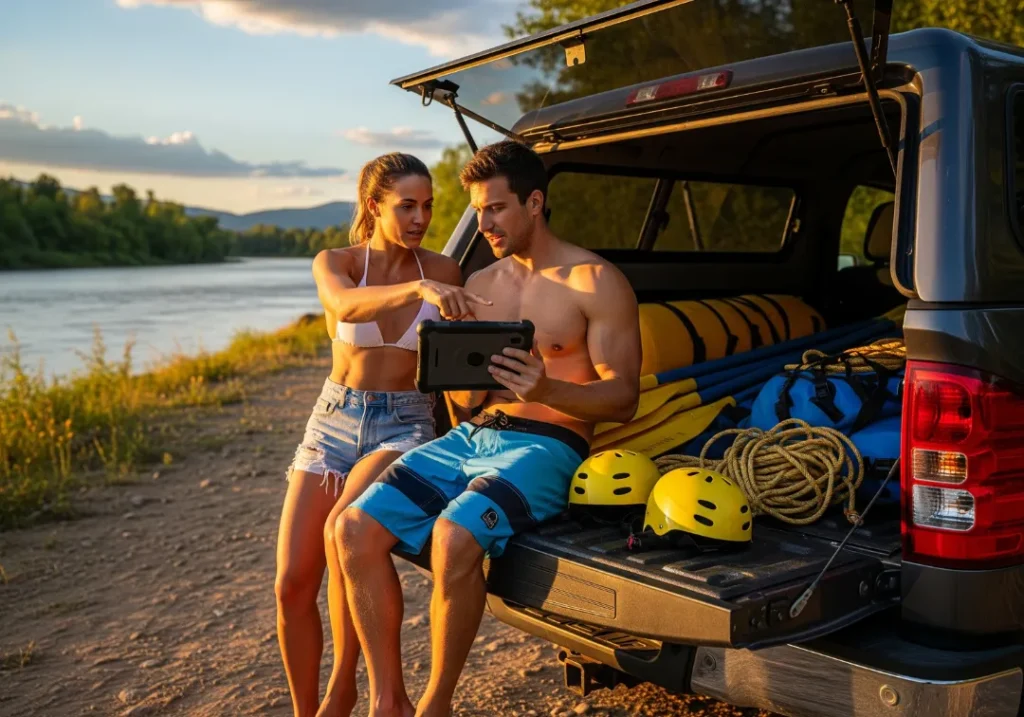 A couple in their late 20s sits on a truck tailgate by a river, planning with a tablet amidst their rafting gear.